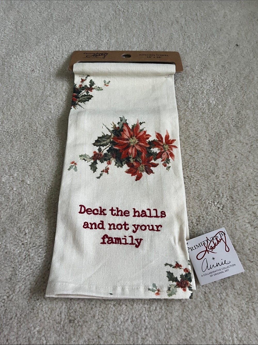 Primitives by Kathy Cream and Red Poinsettia Holiday Kitchen Towel. New. Funny.